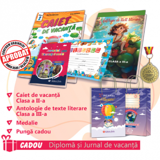 PACHET 8 PREMIERE CLASA A II-A - CAIET DE VACANTA + ANTOLOGIE DE TEXTE LITERARE CLASA A III-A + MEDALIE + PUNGA CADOU (CADOU DIPLOMA+JURNALUL VACANTEI MELE)