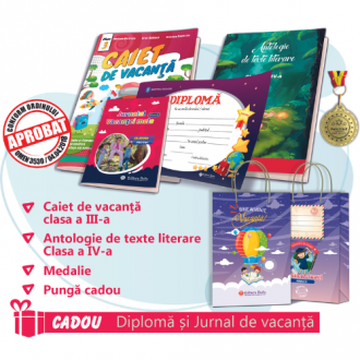 PACHET 9 PREMIERE CLASA A III-A - CAIET DE VACANTA + ANTOLOGIE DE TEXTE LITERARE CLASA A IV-A + MEDALIE + PUNGA CADOU (DIPLOMA + JURNALUL VACANTEI MELE CADOU)