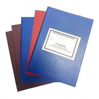 Registru unic de evidenta a formularelor actelor de studii, primite sau predate de unitatea de invatamant si a actelor eliberate absolventilor (pentru licee si grupuri scolare), coperta carton gros invelita cu imitatie piele de diferite culori